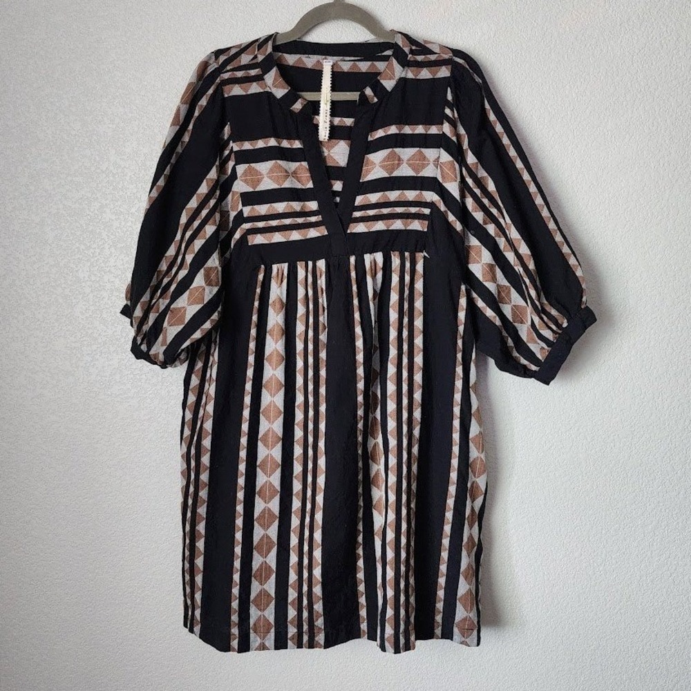 UNCLE FRANK Geometric Boho Babydoll Tunic Dress Puff Sleeve S M - Picture 10 of 11